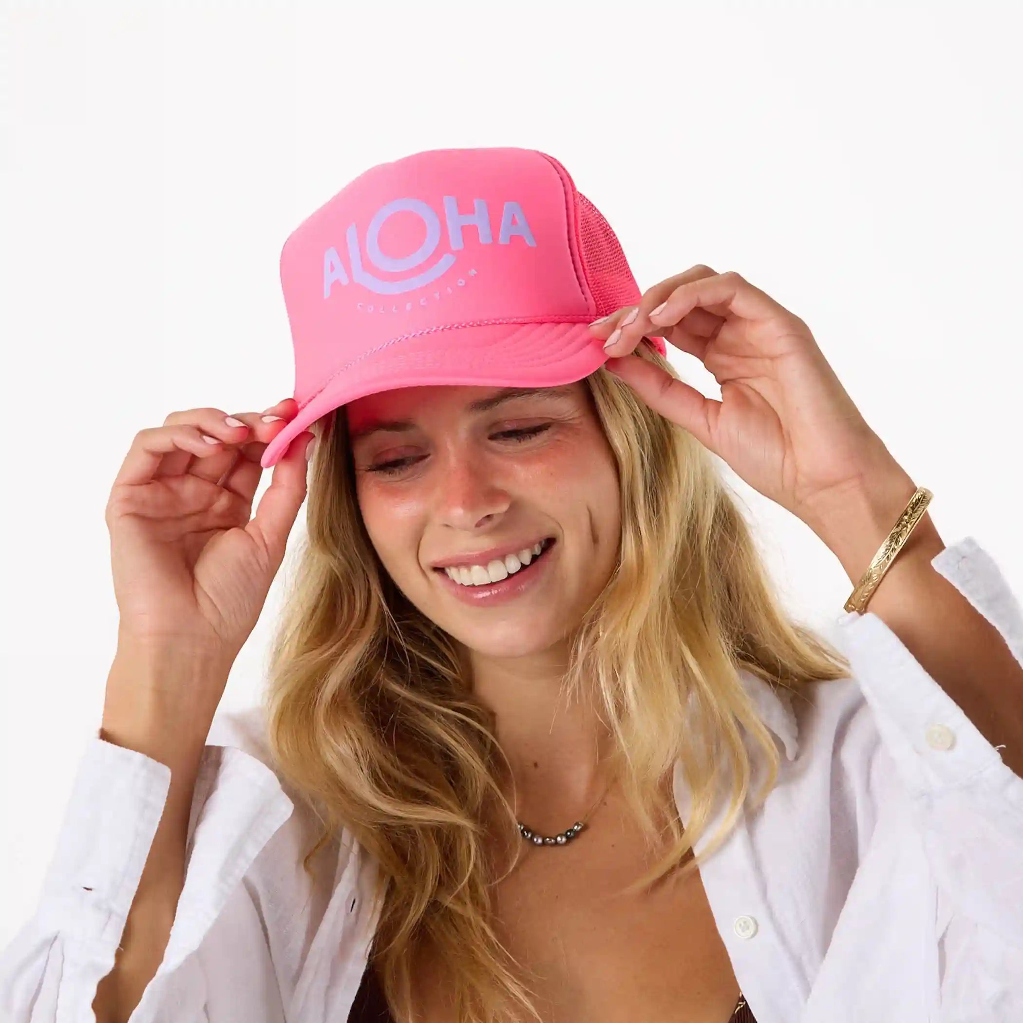ALOHA Foam Trucker Hat in Lavande on neon Pink Secondary image